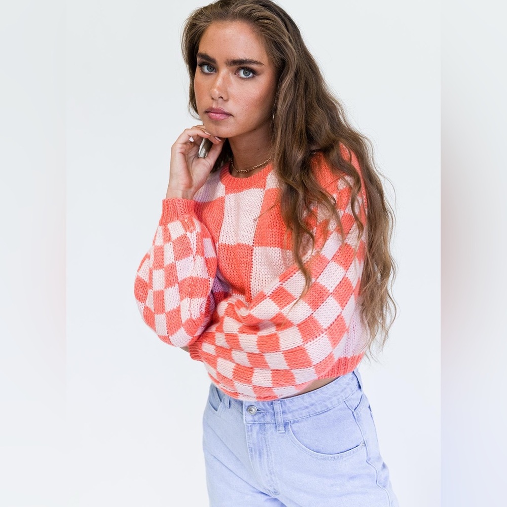 Princess Polly Coral & Cream Checkerboard Knit Sweater